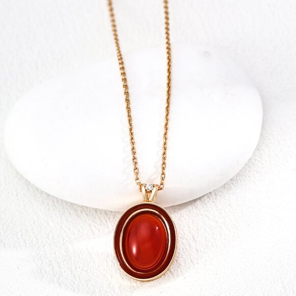 Elegant S925 Gold Vermeil Red Agate Cabochon Necklace - Picture 4 of 5
